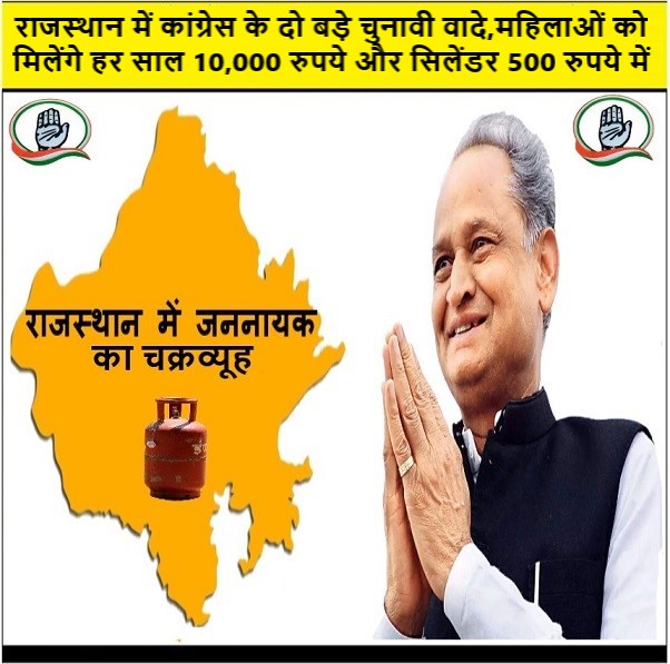राजस्थान में कांग्रेस के दो बड़े चुनावी वादे,महिलाओं को मिलेंगे हर साल 10,000 रुपये और सिलेंडर 500 रुपये में
