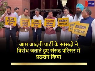 आम आदमी पार्टी के सांसदों ने विरोध जताते हुए संसद परिसर में प्रदर्शन किया