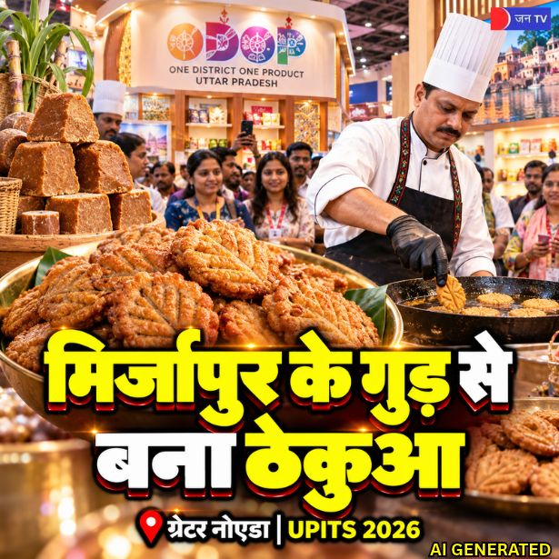 UPITS 2026 में यूपी के स्वाद का संगम, ODOC पवेलियन में Mirzapur के गुड़ से बन रहा ठेकुआ